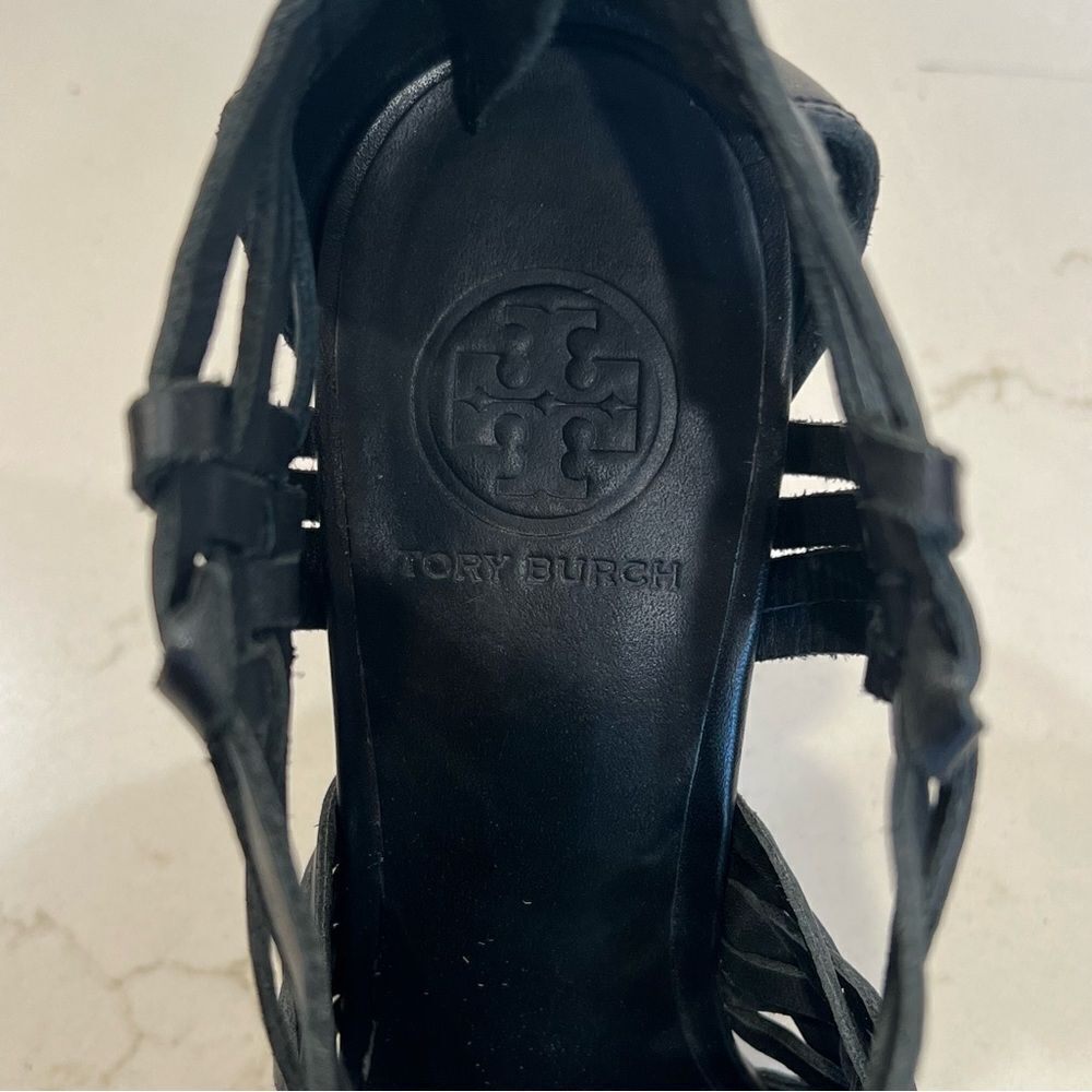Tory Burch Black Leather Tevray Huarache Wedge Sandals - Picture 8 of 10